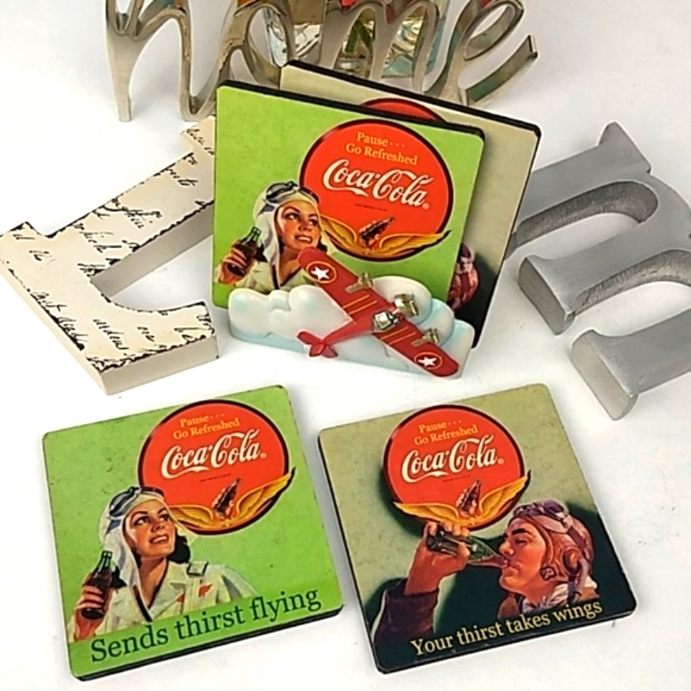 Coca-Cola avation retro themed 4 wooden coasters and coaster holder set